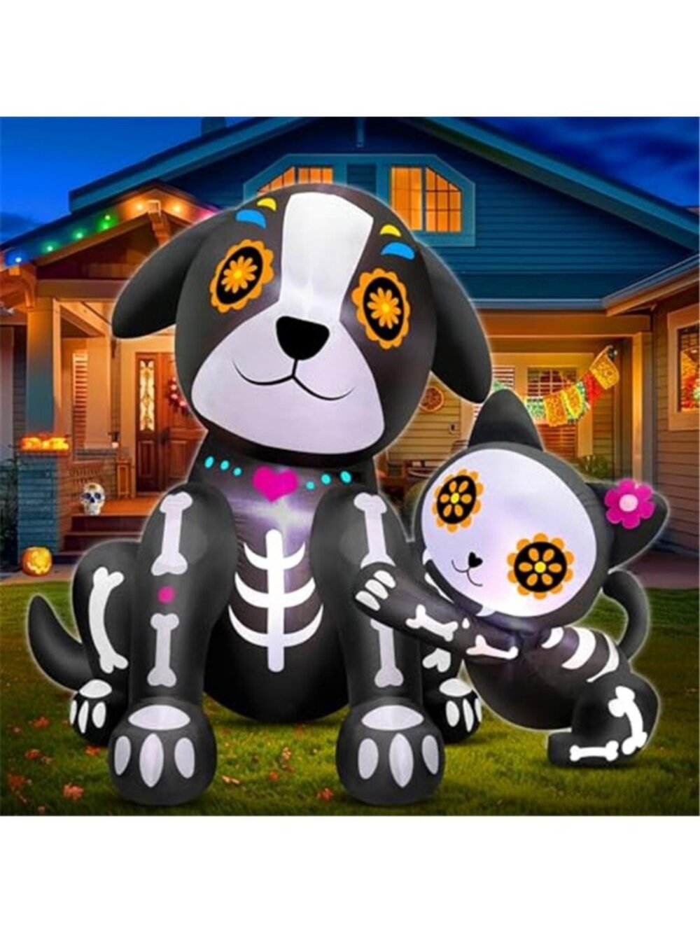 5 Ft Day of The Dead Inflatables Black Cat & Skull Dog with Built-in LEDs